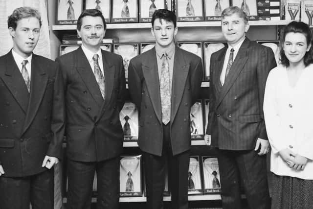 Staff of the newly-opened McLaughlin's Menswear outlet at Great James' Street. From left are Joe Brown, Mark Sharkey (manager), Liam Deery, Brian McLaughlin and Amanda Miller.