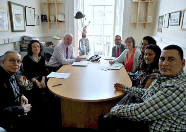 Foyle MP Mark Durkan speaking with a delegation of Colombian human rights defenders on a visit to Derry in June to learn more about the Irish peace process.