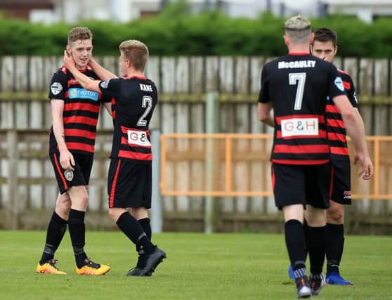 Coleraine's Jamie McGonigle celebrates his goal against Ballinamallard. Picture - @Press Eye Ltd Northern Ireland.
