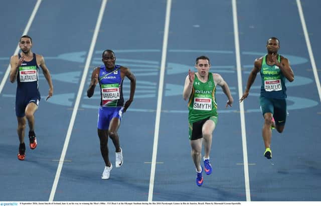 Jason Smyth of Ireland, lane 4, on his way to winning the Men's 100m - T13 Heat 1 at the Olympic Stadium during the Rio 2016 Paralympic Games in Rio de Janeiro, Brazil.