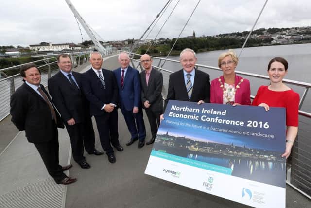 (L-R) Leo Murphy, North West College; Stephen Gillespie, Derry City & Strabane District Council; John Kelpie, Derry City & Strabane District Council; Brian McGrath, Londonderry Port; Damien Gallagher, Seagate; deputy First Minister, Martin McGuinness, MLA; Hilary McClintock, Mayor of Derry City and Strabane District Council and Lynda Millar, agendaNi.