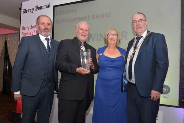 Lifetime Achievement Award recipient Dr Keith Munro pictured with Arthur Duffy editor Derry Journal and the Deputy Mayor of Derry, Kerry Sythes and Strabane Colr Jim McKeever at the Derry Journal People of the Year Awards in the Everglades Hotel Derry on Thursday evening last. DER3616GS061