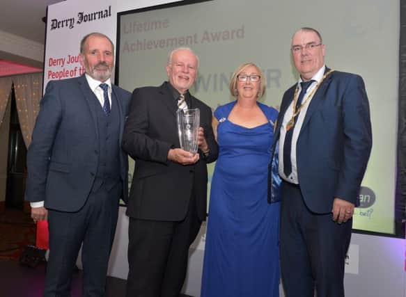 Lifetime Achievement Award recipient Dr Keith Munro pictured with Arthur Duffy editor Derry Journal and the Deputy Mayor of Derry, Kerry Sythes and Strabane Colr Jim McKeever at the Derry Journal People of the Year Awards in the Everglades Hotel Derry on Thursday evening last. DER3616GS061