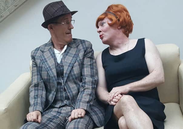 Eoghan Mc Bride as The Bogside Spinster and Pat Lynch as The Carndonagh Stud, and right - some unusual advertising for the play.