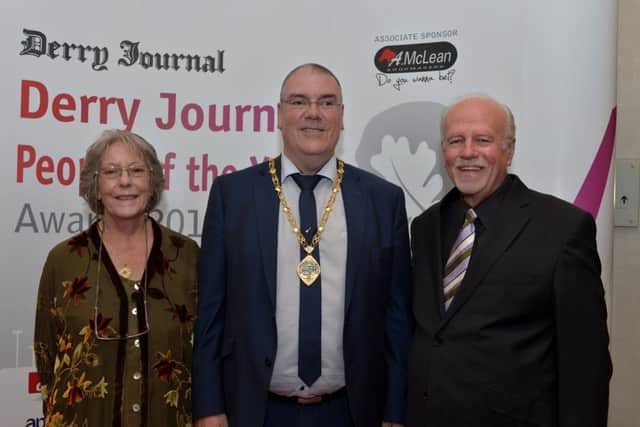 Anne and Dr Keith Munro pictured with the Deputy Mayor of Derry and Strabane Colr Jim McKeever at the Derry Journal People of the Year Awards in the Everglades Hotel Derry on Thursday evening last. DER3616GS032
