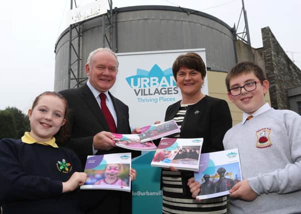 Â©/Lorcan Doherty Photography - 15th September 2016
First & Deputy First Ministers at the launch of the Urban Villages Framework in the Bogside with Eva McDaid (Gaelscoil Eadain Mhoir) and Sam Hughes (Fountain Primary School) in the Gasyard Centre.
Photo Lorcan Doherty Photography