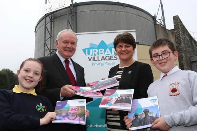 Â©/Lorcan Doherty Photography - 15th September 2016
First & Deputy First Ministers at the launch of the Urban Villages Framework in the Bogside with Eva McDaid (Gaelscoil Eadain Mhoir) and Sam Hughes (Fountain Primary School) in the Gasyard Centre.
Photo Lorcan Doherty Photography