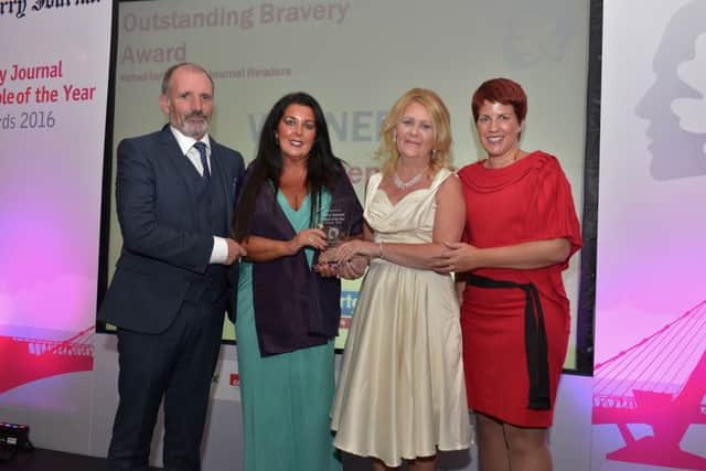 Siobhan Walsh and Marina Knox accepting the Outstanding Bravery of the Year Award on behalf of Davitt Walsh and Stephanie Knox from Arthur Duffy editor Derry Journal and Airporters Jennifer McKeever at the Derry Journal People of the Year Awards in the Everglades Hotel Derry on Thursday evening last. DER3616GS059