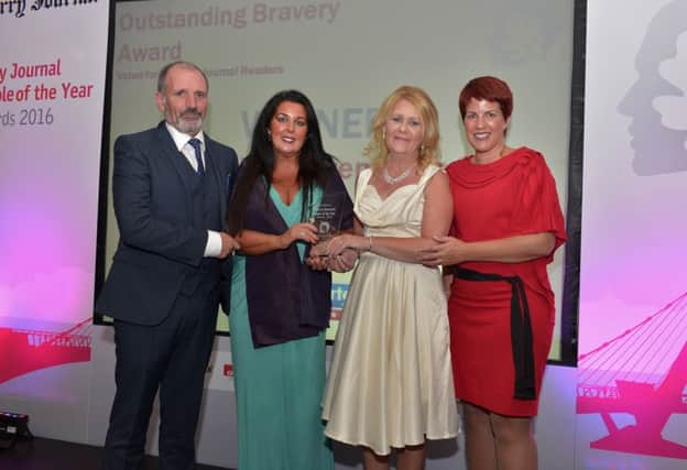 Siobhan Walsh and Marina Knox accepting the Outstanding Bravery of the Year Award on behalf of Davitt Walsh and Stephanie Knox from Arthur Duffy editor Derry Journal and Airporters Jennifer McKeever at the Derry Journal People of the Year Awards in the Everglades Hotel Derry on Thursday evening last. DER3616GS059