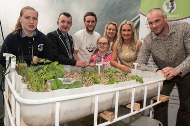 Pictured at the launch of the new FabFarm at The Playtrail in Derry are, from left, Mabh Fisher, Ronan Cleere, Paul McCay, from the Nerve Centre's Fab Lab, Caroline Harkin, The Playtrail, Kelly McCloskey, ACT participant, Annemarie Donnelly, The Playtrail, and John Peto, from the Nerve Centre. Picture Martin McKeown. Inpresspics.com. 15.09.16