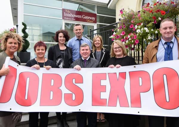 Jobs Expo launch- The Department of Social Protection (DSP), together with the Inishowen Development Partnership (IDP), the EURES IE/NI Crossborder Partnership and the Department for Communities (DfC) in Northern Ireland will host a Jobs Expo in the Inishowen Gateway Hotel, Buncrana on Thursday, September 29th from 10.00am to 2.00pm. Attendance is free to all. At the launch are represenative from each of the agency's involved Mary McGeehan, Inishowen Development Partnership, (IDP), Thomas Timlin, Dep. Social Protection, Denise McCole, IDP, Shauna McClenaghan, IDP, Delcan Doherty, Department of Social Protection, (DSP), Dympna Boyle, EURES, Bridin O'Haygen, Departm for Communites and Stephen Cleary, (DSP). Photo Clive Wasson