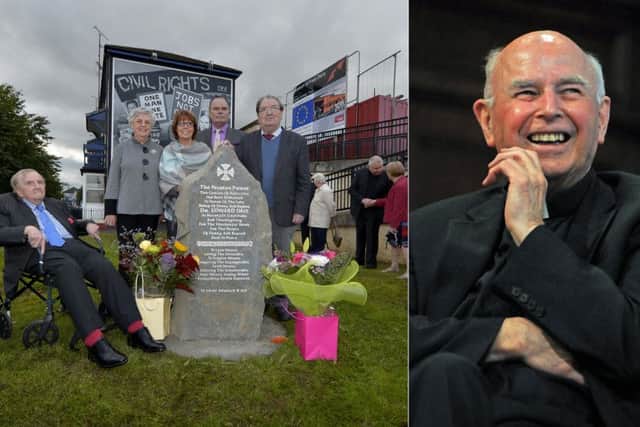 Ivan Cooper, Marian Ferguson, Ann Gibson (sisters of Bishop Daly), Vincent Coyle and John Hume at the unveiling of the memorial and right, the late Bishop Daly.