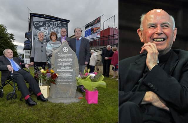 Ivan Cooper, Marian Ferguson, Ann Gibson (sisters of Bishop Daly), Vincent Coyle and John Hume at the unveiling of the memorial and right, the late Bishop Daly.