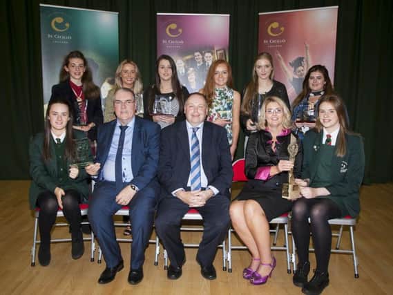 Senior Award winners at the St. Cecilia's College Annual Prizegiving. Front from left, Rachel McGowan, Dame Wendy Davis Award for Mathematics, Councillor Jim McKeever, Deputy Mayor of Derry City and Strabane District Council, Mr. Ciaran O'Neill, Chair, Board of Governors, Mrs. Katrina Crilly, Vice Principal and Ciara Foley, Physical Education Award (Sports Girl of the Year). Back from left, Aoife Devir, Faulkner Award for Physical Education, Seanan McDermott, Cambridge TechnicalsICT Level III Award, Siuinin O'Hagan, Maths Award, Kerry McKinney, Billy Semple Cup Health and Social Care DA, Rosaria Walsh, Taggart Award for A Level Music and Quigley Award (Most Promising Instrumentalist), and Shannon Harkin, Travel and Tourism Award.