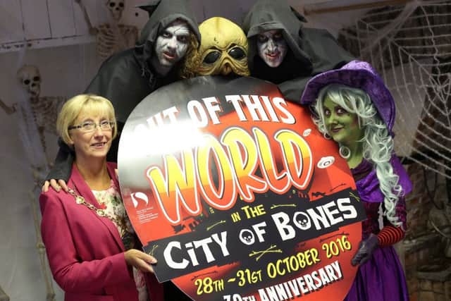 Mayor of Derry & Strabane Hilary McClintock joined by some ghoulish and ghosts at the launch of the 2016 Hallowe'en celebrations.
(Photo Lorcan Doherty Photography)