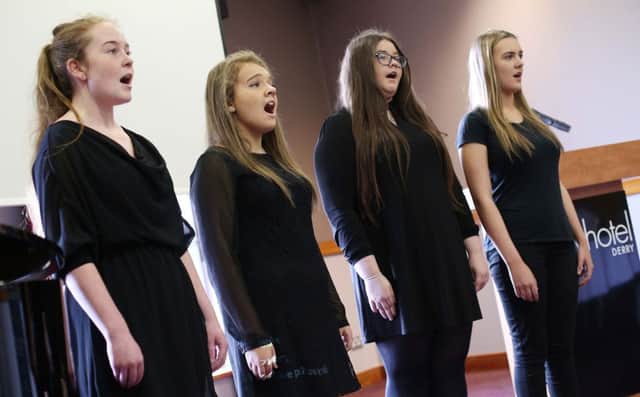 Members of City of Derry Youth Choir who will perform at the City of Derry International Choral Festival next month. From left are Caoimhe Armstrong, Hayley McGivern, Nicole McClintock and Laura McNutt.
Photo: Lorcan Doherty Photography.
