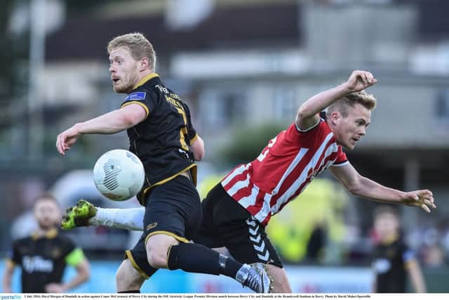 Dundalk dangerman, Daryl Horgan in action against Conor McCormack during the 5-0 loss at the Brandywell Stadium.