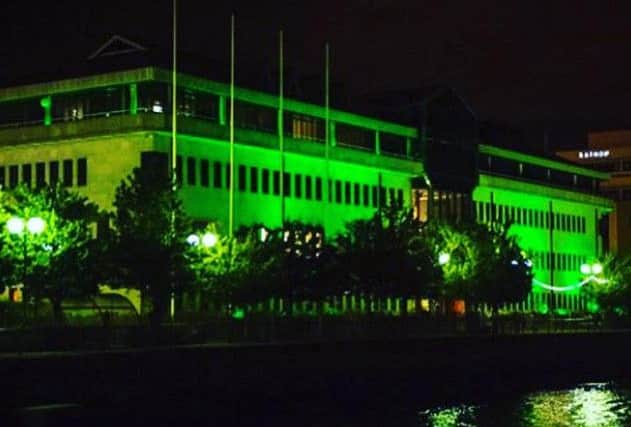 The Council offices in Derry lit up green at the weekend to help raise awareness of Mitochondrial Disease (Mito).
