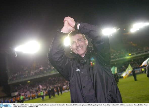 FOND MEMORIES . . .  Former Derry City manager Stephen Kenny applauds the City  fans after the club's FAI Carlsberg Senior Challenge Cup Final win over St Pat's at Lansdowne Road, Dublin in 2006.