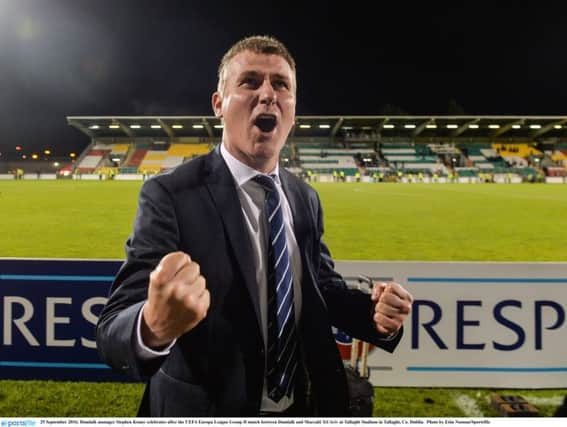DIVINE INSPIRATION . . .  Dundalk manager Stephen Kenny celebrates after the UEFA Europa League Group D match win over Maccabi Tel Aviv at Tallaght Stadium.