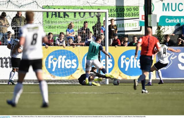 Rory Patterson of Derry City shoots to score his side's first goal during the superb comeback in the Irish Daily Mail FAI Cup Semi-Final match against Dundalk.