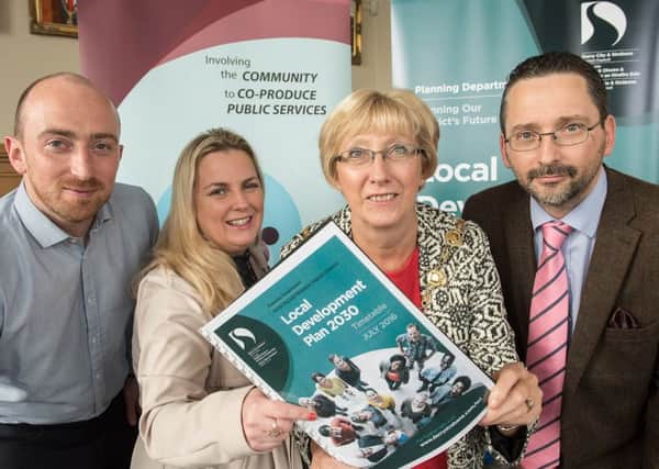 The Mayor Alderman Hilary McClintock pictured at the launch of Derry City and Strabane District Council's Local Development Plan 2030 with Maura Fox, Head of Planning, Jonathan McNee, Senior Planner, Local Development Plan and Paul Irwin, Paul Irwin, Web Development Officer, left. Picture Martin McKeown. Inpresspics.com. 04.10.16