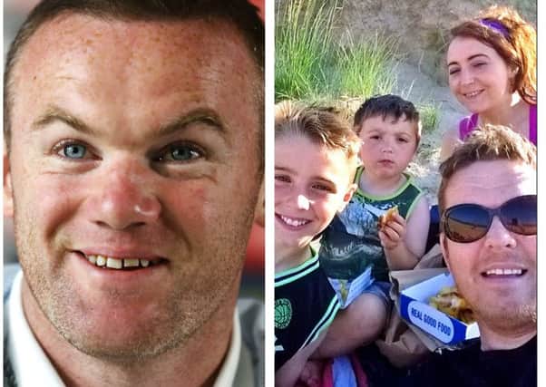 Wayne Rooney (left) and the late Tony 'Toe' Friel with his wife, Claire, and two sons, Reece and Luis.