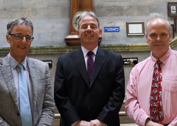 From left: Professor Fraser Mitchell (Head of the School of Natural Sciences), Neil Kearney (Chief Technical Officer 1, Geology), Professor Patrick Wyse Jackson (Head of Geology).