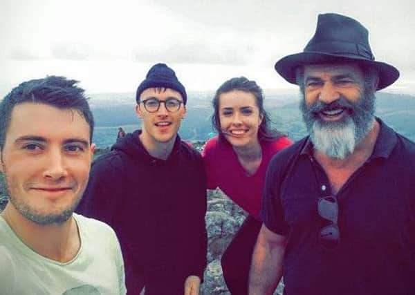 Heather Fogarty and friends Michael O'Connor and Shane Gallagher pictured with Hollywood star, Mel Gibson, on top of Sugar Coat Mountain, Co. Wicklow. Photo: Heather Fogarty/Instagram