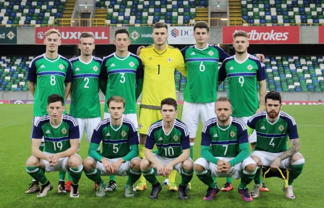 Derry Citys Conor McDermott (front row, on left) pictured ahead of N. Ireland U21s European U21 Championship qualifier against France. 
Picture by Reece Harrison