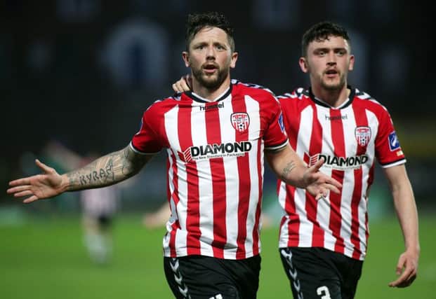 Rory Patterson celebrates giving Derry City the lead.
