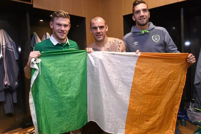Proud Derry men, from left, James McClean, Darron Gibson and Shane Duffy pictured after Ireland's victory over Bosnia and Herzegovina last year. (Photo: Sportsfile)