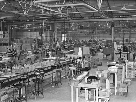 Idle machines in the machine room of the Monarch Electric Factory at Blighs Lane after the plant closed down as the result of a dispute with a trade union
over the reinstatement of a number of dismissed workers