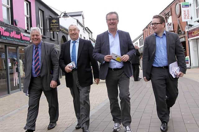 Happier times ... Aaron Callan with Ulster Unionist Party party leader Mike Nesbitt, with MEP Jim Nicholson and Raymond Kennedy in Limavady in 2014. INLV2114-201KDR