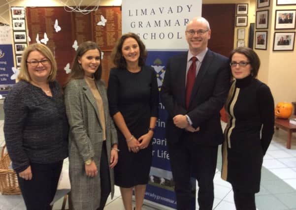 Rachael with Limavady Grammar School Principal, Mrs Nicola Madden, as well as her former English teachers Miss Claire Gordon and Mrs Mary OBrien, and Head of Music at the school, Dr. Derek Collins.