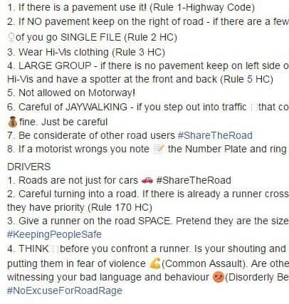 A full list of the advice for runners and motorists.