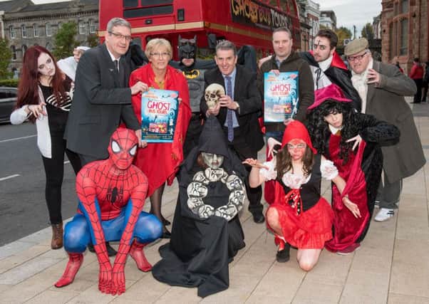 Alderman Hilary McClintock, Mayor of Derry City and Strabane District Council, meets the Ghost Bus Tours team as final preparations get underway for their Halloween tour. Pictured with the Mayor are James Deehan, Owner of City Sightseeing Tours; Martin Mullan and Roderick Canning, Directors with Grove Variety Theatre Group along with a selection of ghosts, zombies, ghouls, witches and superheroes from the monstrous cast who make this Halloween tour spooktacular! Ghost Bus Tours run from T hursday 27  Sunday 30 th October with tickets (Â£8 adult & Â£5 children) available by calling at 028 71267284 or visit the Halloween Information and ticket point in Waterloo Place.