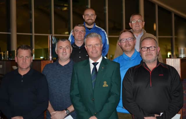 Tony Griffith's Memorial Competition prizewinners - Front L-R, Kevin McDaid representing the Griffiths family, Michael Henry (Back 9), Emmet McNally Captain, Cyril Ming Winner
Middle L-R Cormac McGeady Gross, Paul O'Donahue (Family Prize). Back L-R, Sean Haslett (Second), Jackie Thomas (Hon. Treasurer).