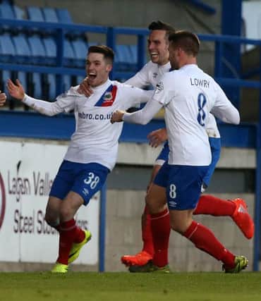 Linfield's Paul Smyth celebrates scoring the Blues' equaliser in the final minutes against Glenavon during Saturday's Danske Bank Premiership match at Mourneview Park.
 (Picture by Brian Little/Press Eye)