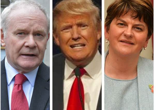 From left to right, Martin McGuinness, Donald Trump and Arlene Foster.