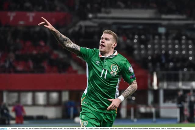 MATCH WINNER . . . Ireland's James McClean celebrates scoring his side's first goal during the FIFA World Cup Group D Qualifier match between Austria and Republic of Ireland at the Ernst Happel Stadium in Vienna, Austria. (Photo by David Maher/Sportsfile)