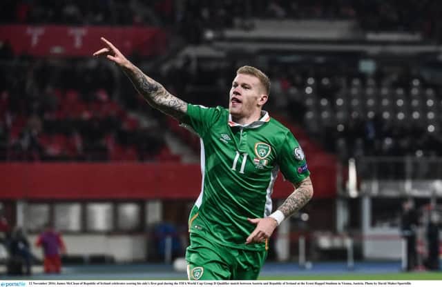 MATCH WINNER . . . Ireland's James McClean celebrates scoring his side's first goal during the FIFA World Cup Group D Qualifier match between Austria and Republic of Ireland at the Ernst Happel Stadium in Vienna, Austria. (Photo by David Maher/Sportsfile)