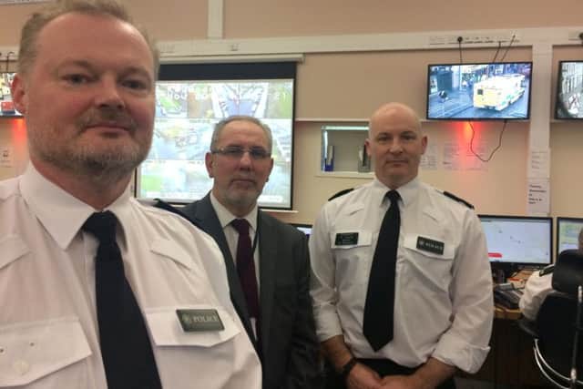 Inspector John Stevenson, Chief Inspector Billy McIlwaine and Sergeant Sam Young in the North Area Contact Centre in Maydown.