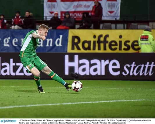 James McClean of Republic of Ireland scores his sides first goal during the FIFA World Cup Group D Qualifier match between Austria and Republic of Ireland at the Ernst Happel Stadium in Vienna, Austria. Photo by Stephen McCarthy/Sportsfile