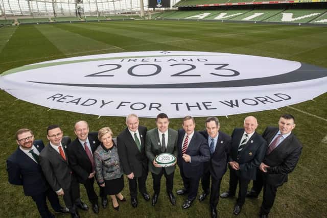 Pictured at the bid announcement for the 2023 Rugby World Cup in the Aviva Stadium were (L-R) Simon Hamilton, Minster for the Economy, Patrick O'Donovan TD, Minister of State for Tourism and Sport, Shane Ross TD, Minister for Transport, Tourism and Sport, Frances Fitzgerald TD, An TÃ¡naiste and Minister for Justice and Equality, Martin McGuinness, Deputy First Minster, Brian O'Driscoll, Bid Ambassador, An Taoiseach Enda Kenny TD, Dick Spring, Chairman of Ireland's RWC 2023 Bid Oversight Board, Stephen Hilditch IRFU President and Philip Browne, CEO of the IRFU. (Photo: INPHO/Dan Sheridan)