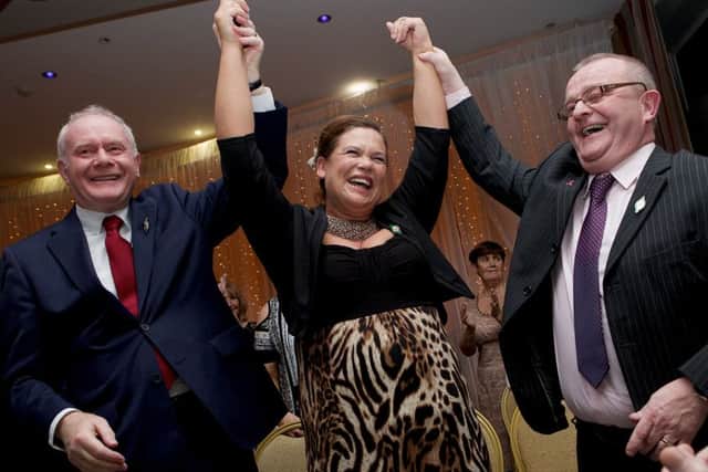Sinn Fein Deputy President Mary Lou McDonald TD pictured with Deputy First Minister Martin McGuinness and Andrew McCartney, who co-chaired the event alongside Mary-Lou McDonald.  (Photo - Tom Heaney, nwpresspics)
