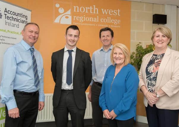 Jude Mc Laughlin, second from left, a student on the Higher Level Apprentice in Accounting who has  completed his Level 4 Certificate for Accounting Technicians exams in May and has been placed 10th overall in Ireland. Included are, NWRC staff,  Galvin Dobson, Gregory Gorman , Patricia Lyttle and Annemarie Deehan from the Business, Hospitality,  Tourism and Performing Arts department.  Picture Martin McKeown. Inpresspics.com.