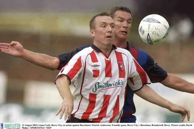 Liam Coyle, Derry City, in action against Barcelona's Patrick Andersson. Friendly game, Derry City v Barcelona, Brandywell, Derry. Picture credit; David Maher / SPORTSFILE *EDI*