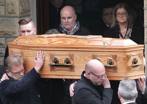 The funeral of former nun Loreto Douglas at Thornhill Chapel in Derry on Monday. She was killed in a crash on the Glenshane Pass last week. Picture Margaret McLaughlin