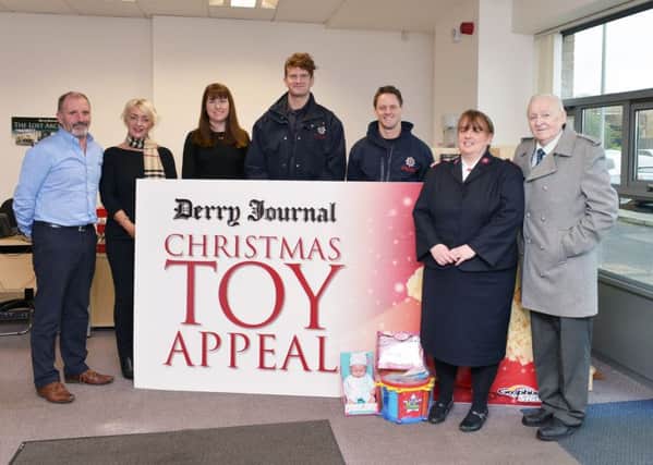 Pictured yesterday at the launch of the Derry Journal Christmas Toy Appeal 2016 are Arthur Duffy editor of The Derry Journal (left) , Jackie Diamond and Geraldine Gallagher Derry Journal, Richie Baird and Stephen Aiken firefighters from 'Red Watch' NIRFS Northland Road, Julie Mapstone  Salvation Army and Cormac Wilson Saint Vincent De Paul Senior Regional Vice President . DER4816GS48